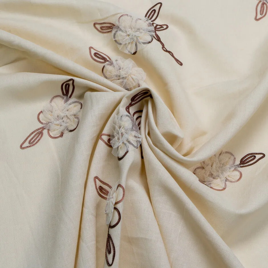 Tulle Floral Embroidered Soft Beige Pure Linen