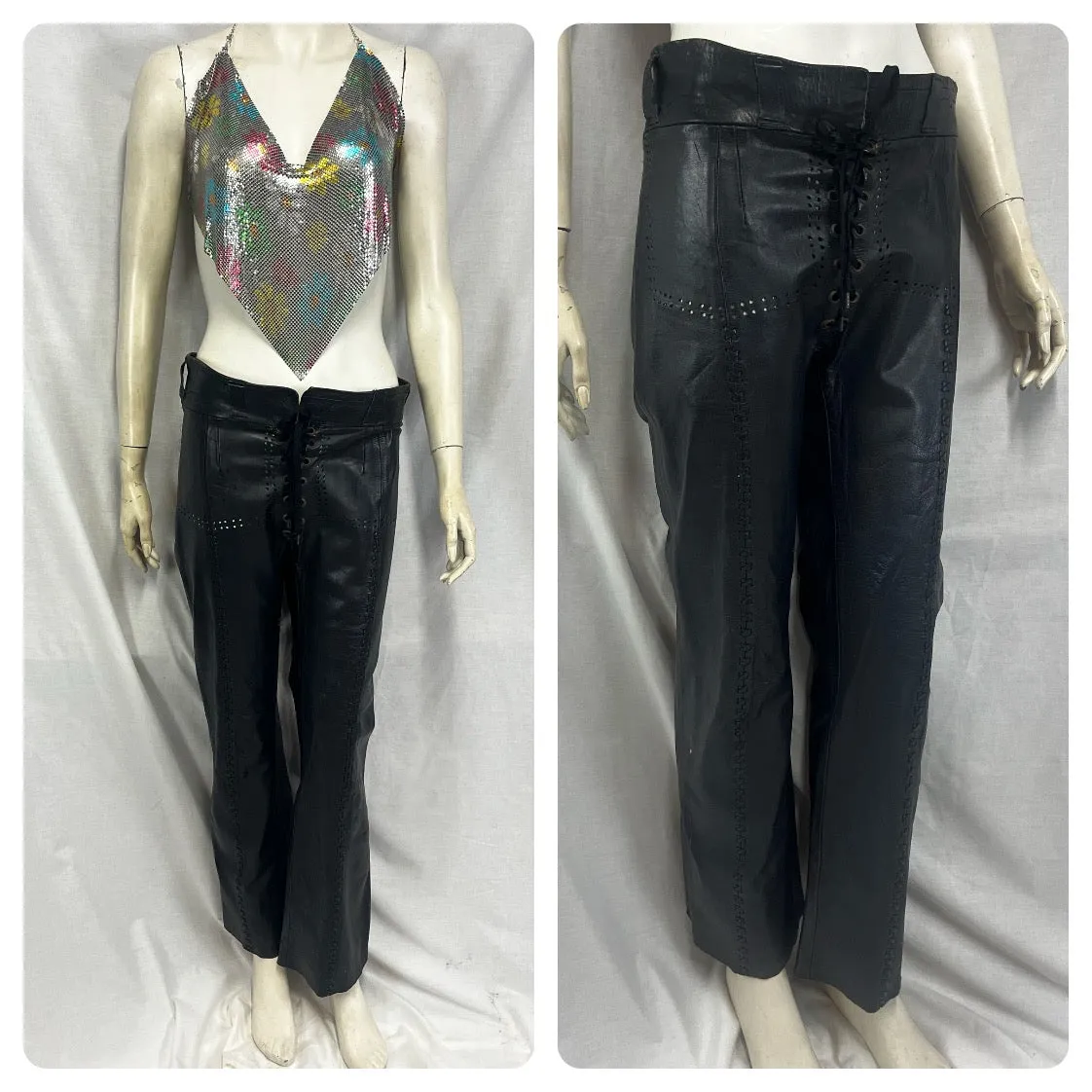 Vintage 60s | Black Leather Lace Up Patchwork Cut Out Flare Pants | 30 x 30