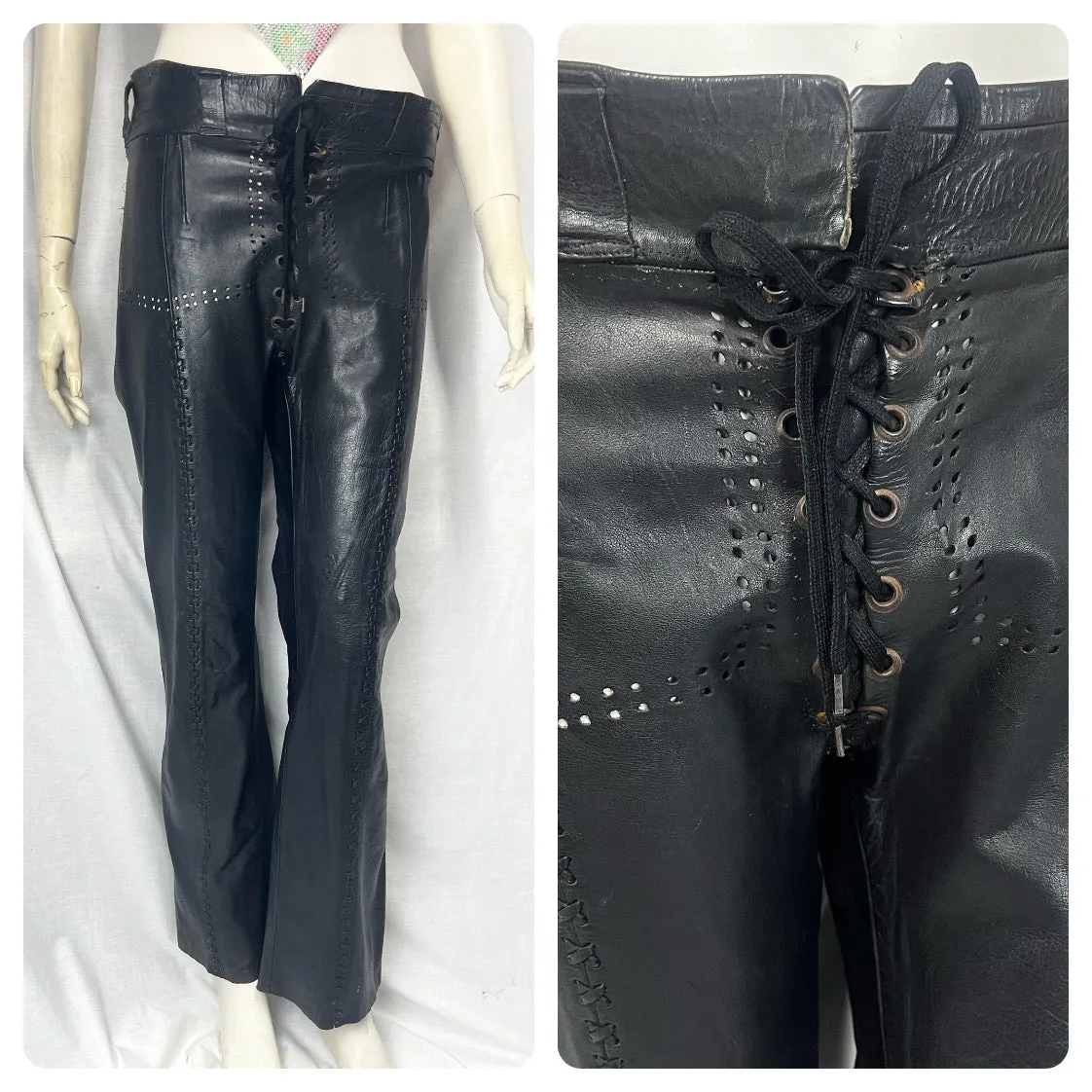 Vintage 60s | Black Leather Lace Up Patchwork Cut Out Flare Pants | 30 x 30