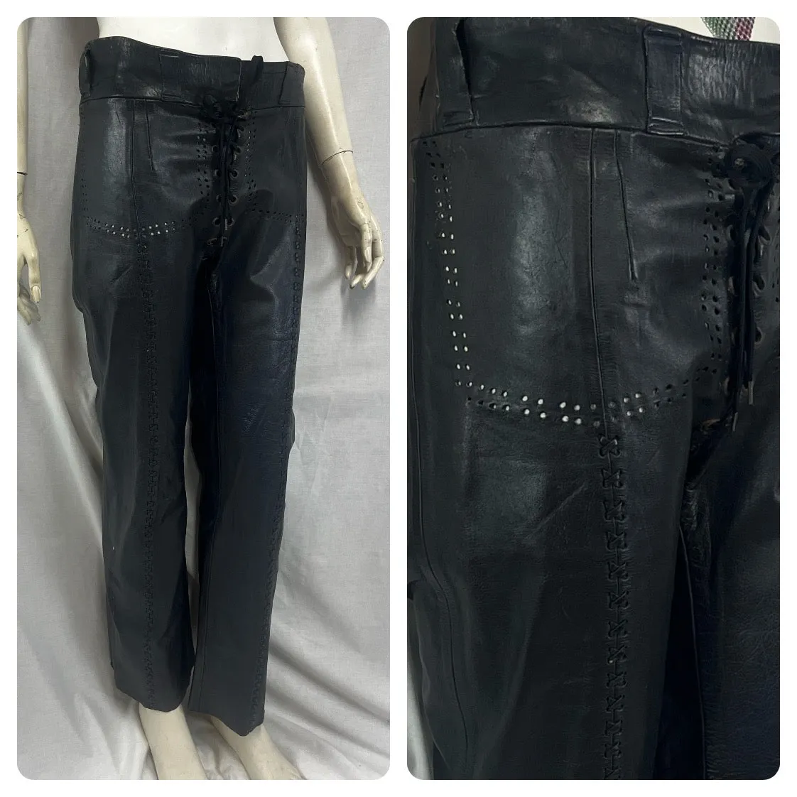 Vintage 60s | Black Leather Lace Up Patchwork Cut Out Flare Pants | 30 x 30