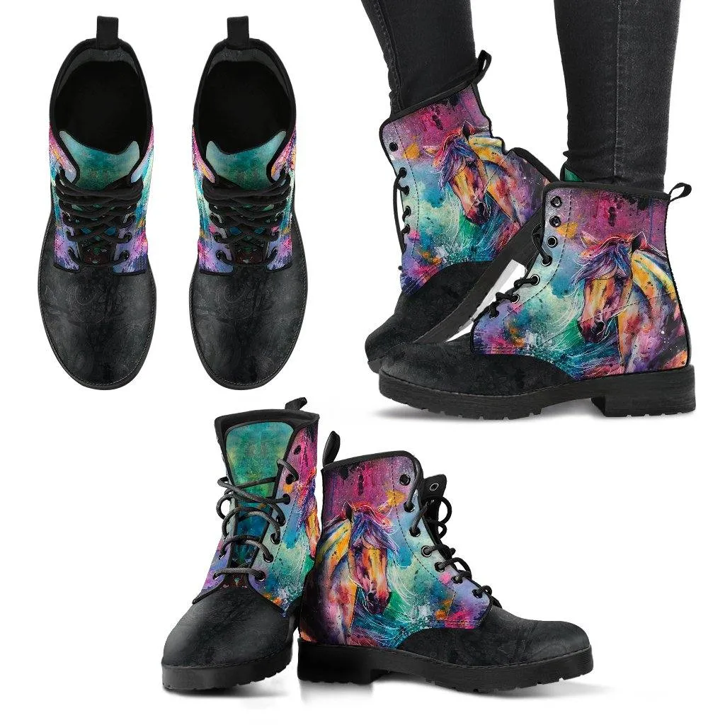 Watercolor Horses  Memory Foam Boots | All Season Lace Up Boots | Vegan Leather Combat Boot by Manifestie